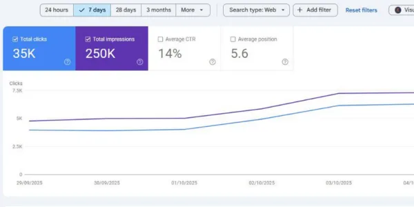 GSC dashboard showing website traffic and clicks