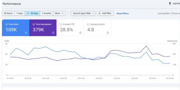 Organic search traffic data from GSC report