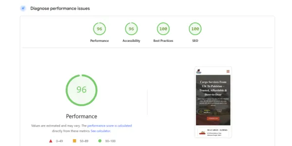 Performance and accessibility scores from website SEO audit